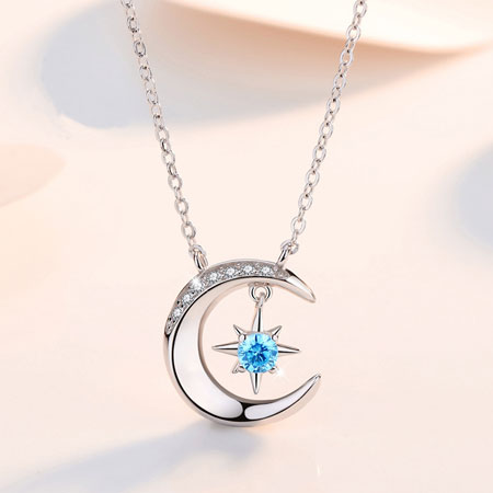 Crescent Moon with Star Pendant Necklace in Sterling Silver