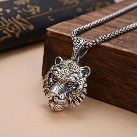 Sterling Silver Tiger Head Pendant Necklace for Men
