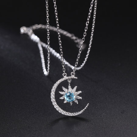 Sun and Moon CZ Diamond Necklace with Blue Natural Topaz Sterling Silver