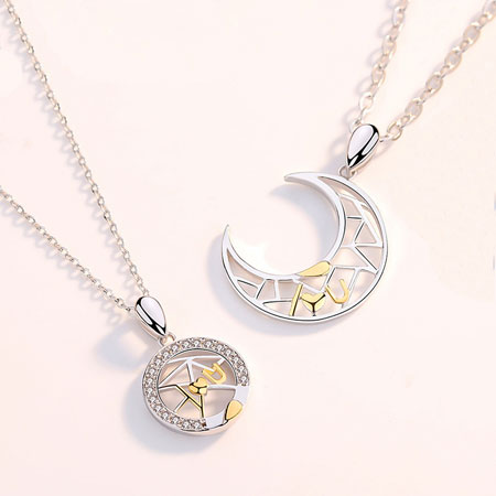 Sun and Moon 100 Languages Projection Magnetic Necklace Sterling Silver