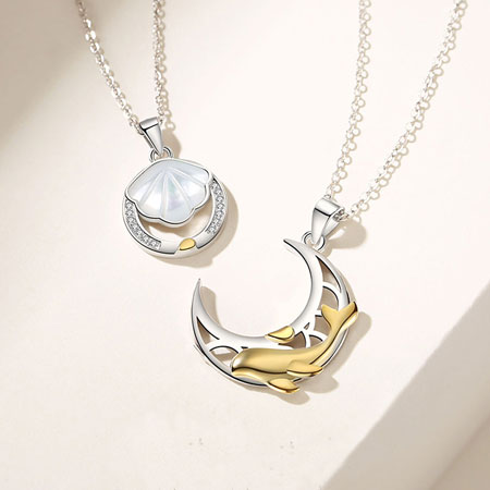 Sun and Moon Interlocking Necklace with Natural White Mother of Pearl and Whale