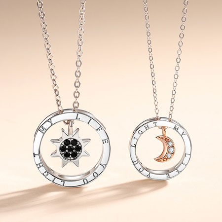Sun and Moon Pendant Necklace with Circle in Sterling Silver