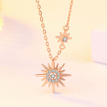 Sterling Silver Sun and Star Necklace with CZ