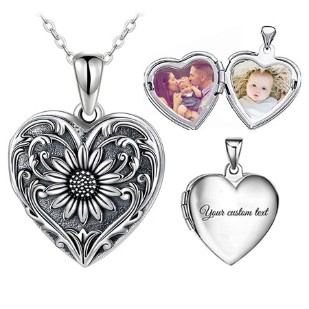 Sunflower Heart Locket Necklace with Picture Inside Sterling Silver