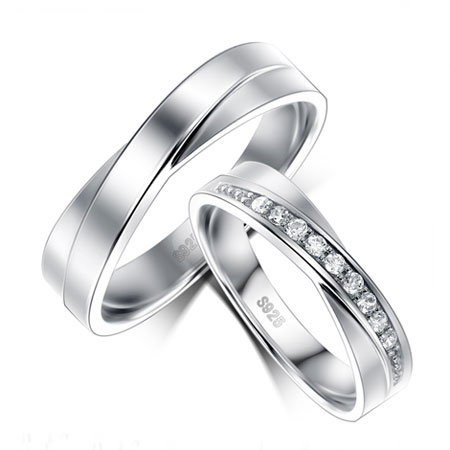 Unique Twist Criss Cross Couple Rings with CZ Diamond Sterling Silver