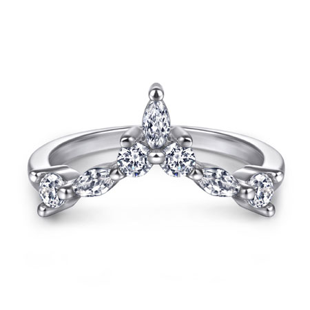 V Ring Wedding Band with CZ Diamond in Sterling Silver
