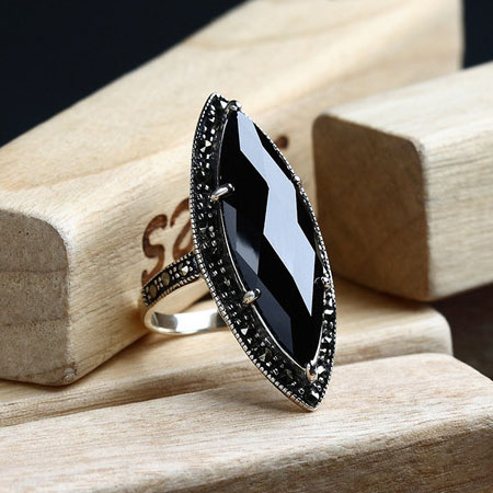 Vintage Black Onyx Marquise Engagement Ring in Sterling Silver