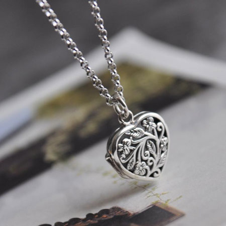 Vintage Heart Locket Necklace with Openwork Flower Pattern Sterling Silver