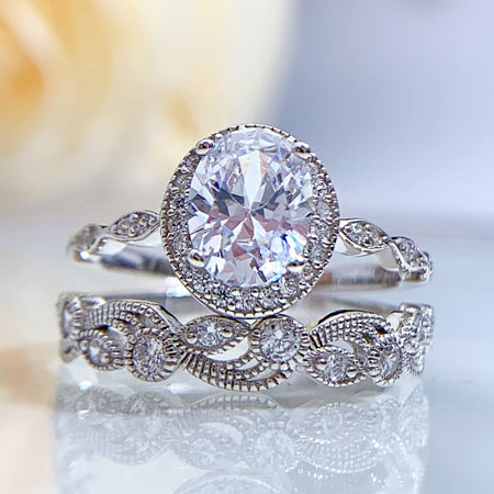 Mitt breedtegraad dauw Vintage Oval Halo Wedding Rings Set with Hollow Pattern Sterling Silver -  JewelryEva