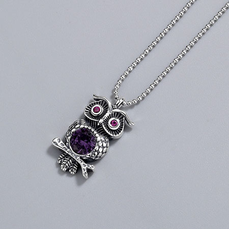 Vintage Owl Pendant Necklace in Sterling Silver