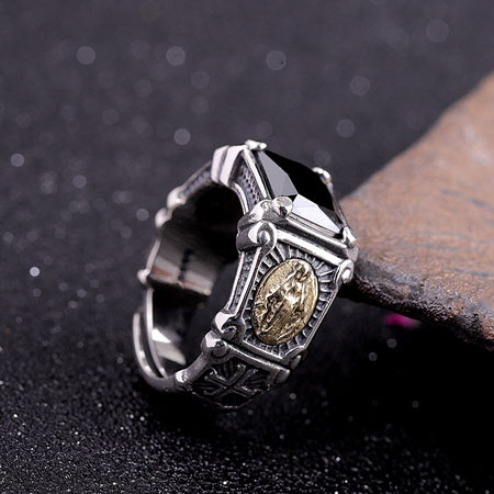 Vintage Sterling Silver Black Onyx Ring with Virgin Mary