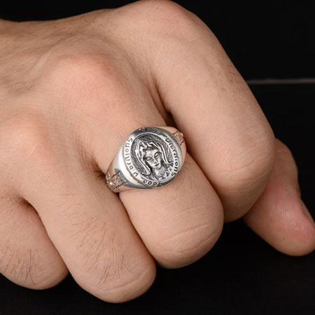 Virgin Mary Signet Ring for Men in Sterling Silver