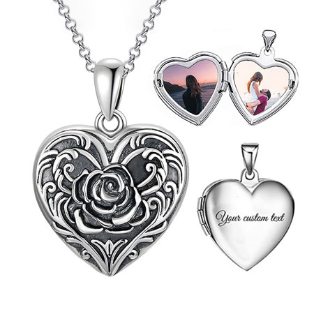 Women's Heart Locket Necklace with Rose in Sterling Silver