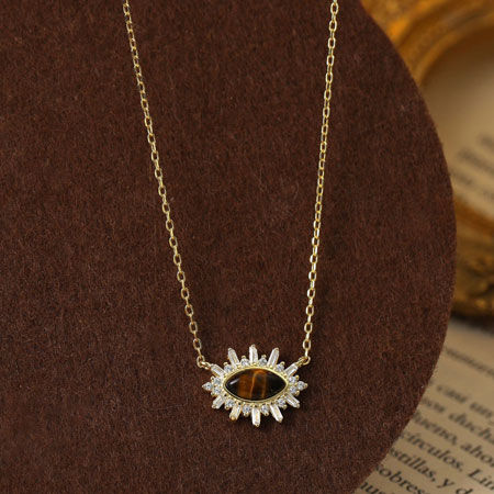 Womens Real Tiger Eye Necklace with Natural Gemstone Sterling Silver