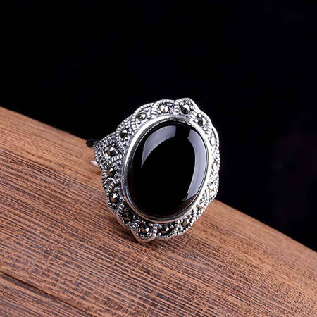 Womens Vintage Oval Black Onyx Ring in Sterling Silver