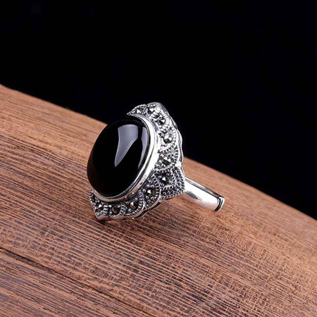 Womens Vintage Oval Black Onyx Ring in Sterling Silver